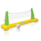 Intex inflatable volleyball net set up in a swimming pool, featuring a blue and white net frame and an included inflatable volleyball.