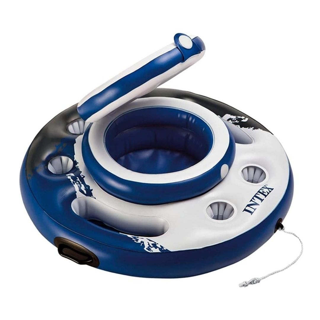 Intex Mega Chill floating cooler featuring a central ice chest, six cup holders, and heavy-duty handles for pool or lake use.