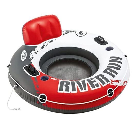 Intex River Run 1 Fire Edition inflatable tube featuring a bold red and black design, an integrated backrest, heavy-duty handles, and two built-in cup holders.