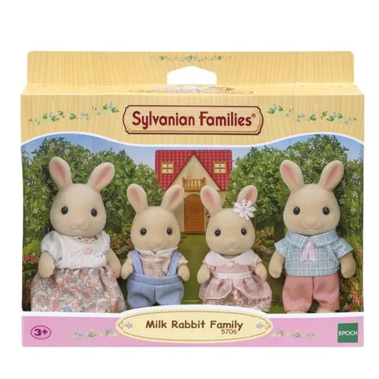 Vibrant multicolor Sylvanian Families Milk Rabbit Family set featuring four soft-flocked cream rabbit figures with pink-tipped ears in detailed removable fabric outfits.