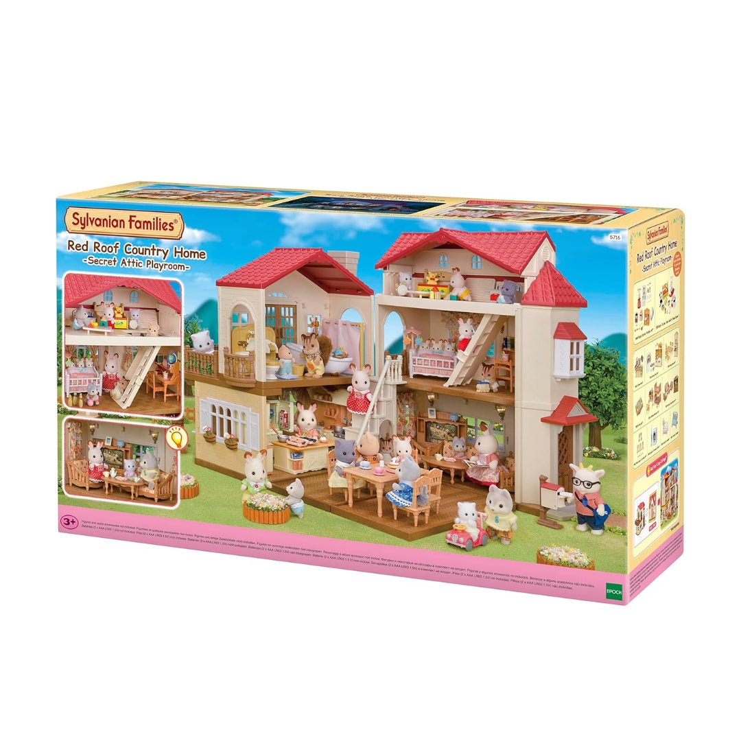 Sylvanian Families Red Roof Country Home dollhouse with working ceiling lights and a hidden attic playroom featuring a spring-out ladder