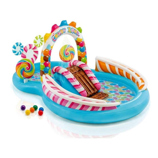 Intex Candy Zone Play Center featuring a candy-themed inflatable water slide, two wading pools, a chocolate-sprinkled arch, and six colorful game balls.