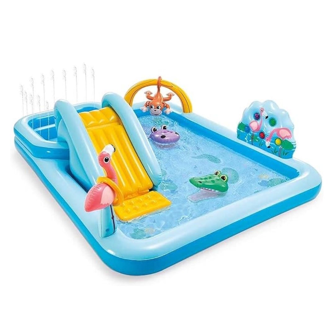 Intex Jungle Adventure inflatable play center featuring two wading pools, a water slide, a flamingo, a monkey, and a ring toss game with colorful inflatable trees.