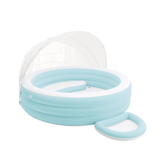 Intex Swim Center Canopy Lounge Pool in a light blue and white color scheme, featuring an integrated inflatable sunshade canopy and comfortable wide sidewalls.