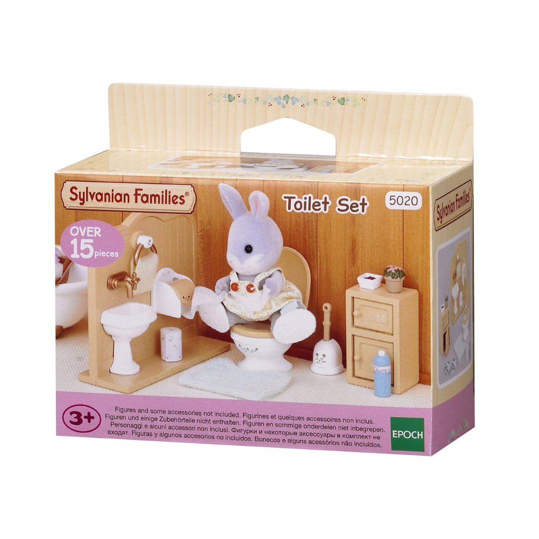 Sylvanian Families miniature toilet furniture set with working flush lever washstand mirror bathroom mat and tiny cleaning accessories