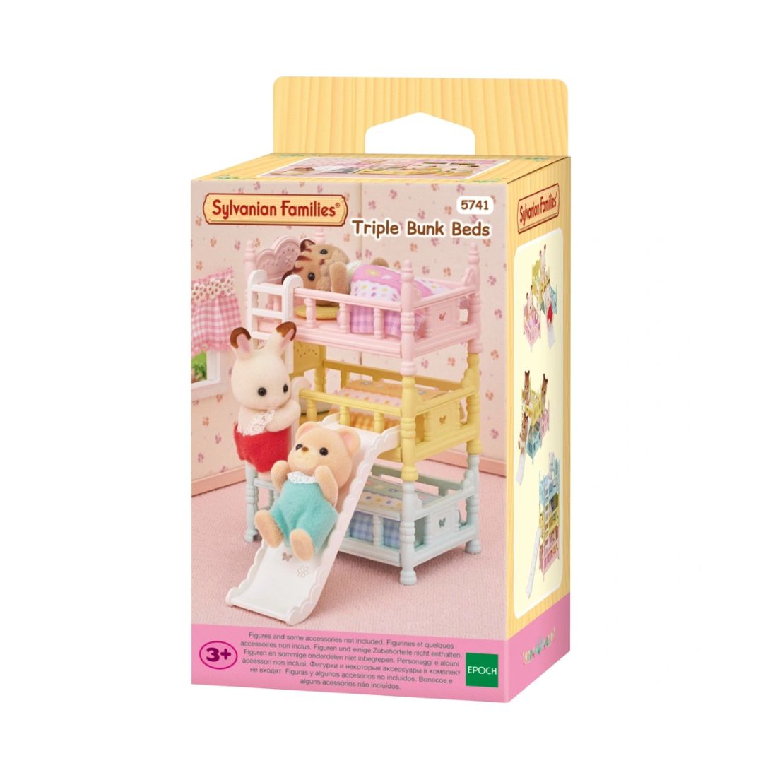 Sylvanian Families triple bunk beds toy furniture set with pink yellow and blue stacked beds removable ladders and slide