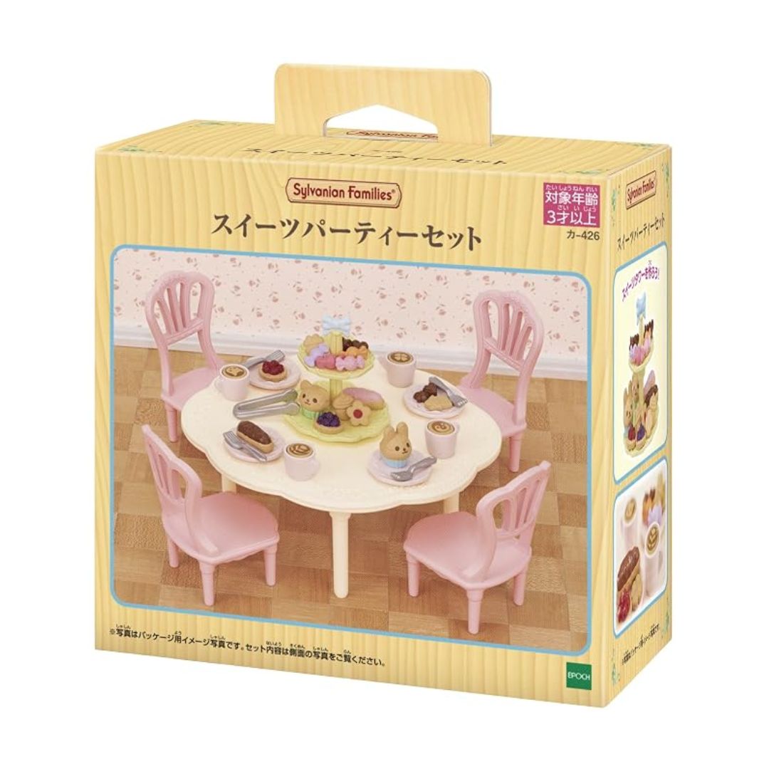 Sylvanian Families miniature sweets party toy set with table chairs colorful toy cupcakes cake and latte art coffee cups