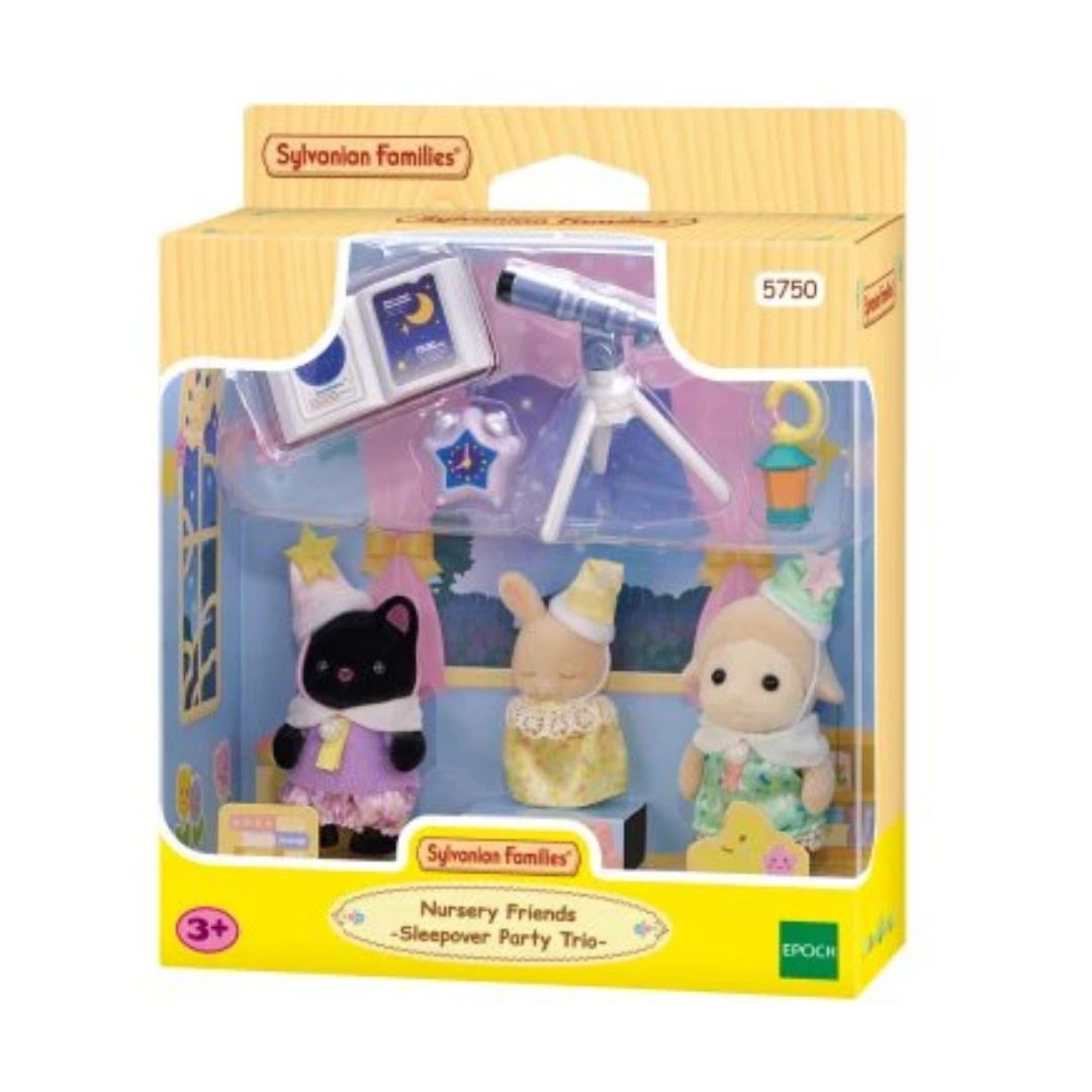Sylvanian Families Nursery Friends Sleepover Party Trio featuring Midnight Cat, Sheep, and Marshmallow Mouse baby figures in star-patterned pajamas with a star-shaped lantern and clock.