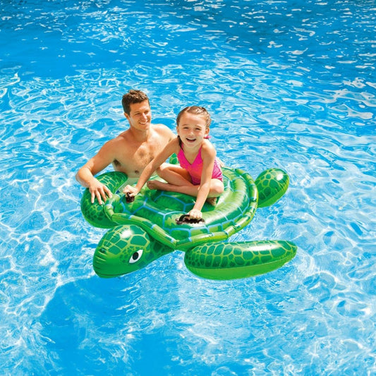 Intex Lil' Sea Turtle inflatable ride-on pool float featuring a realistic green sea turtle shell pattern and two heavy-duty grab handles for a secure grip.
