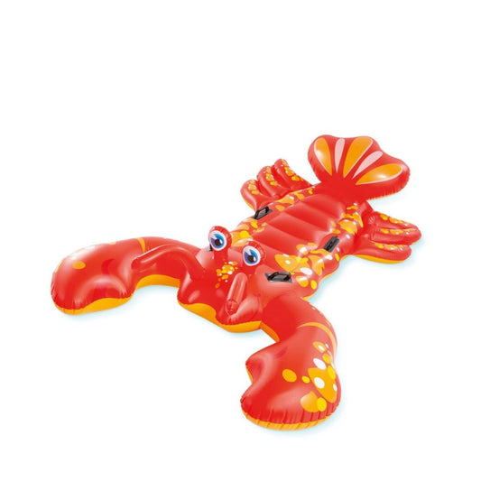 Intex Lobster Ride-On inflatable pool float featuring a realistic red lobster design with large claws and four heavy-duty grab handles for multi-person stability.