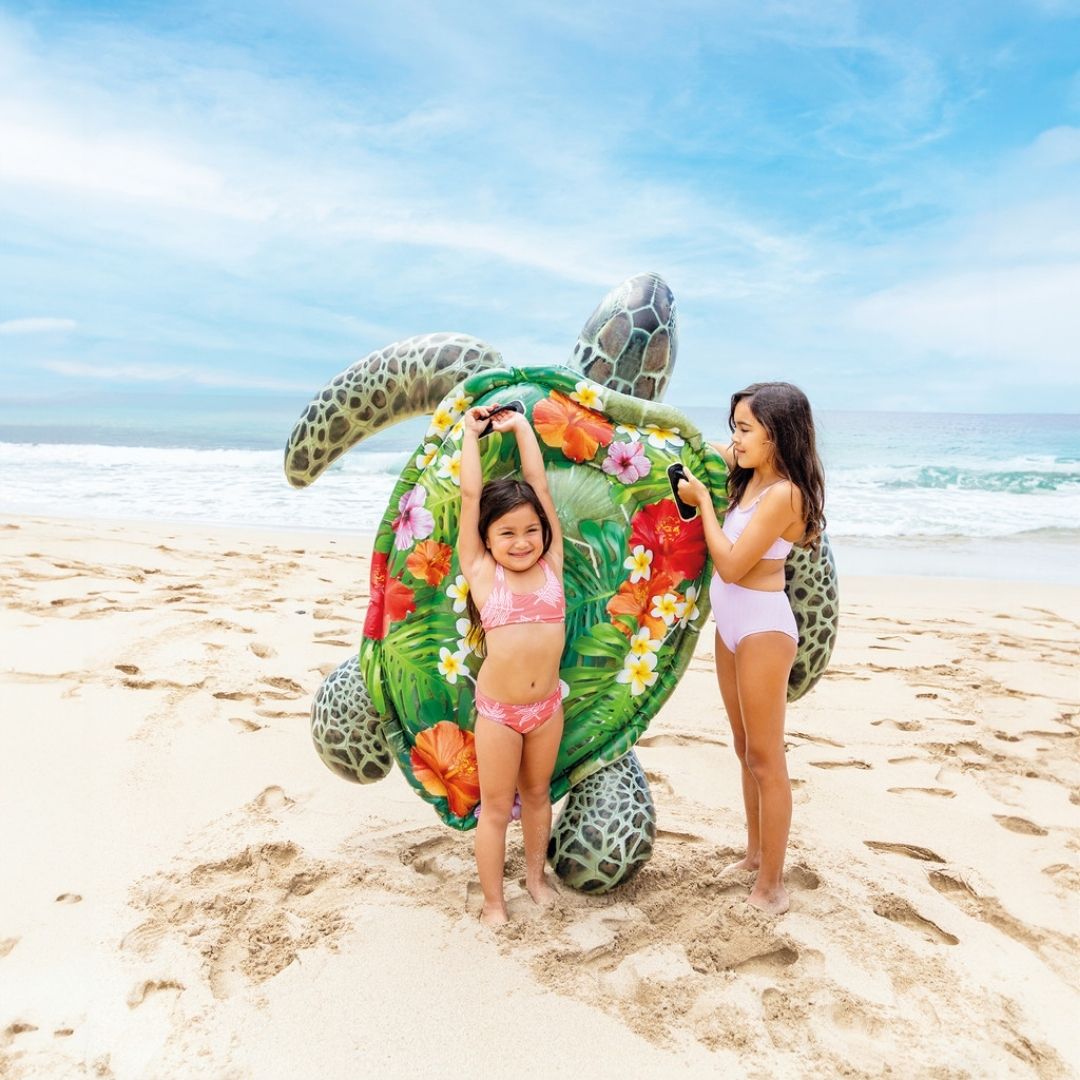 Intex Realistic Sea Turtle inflatable pool float featuring a high-definition green turtle shell print and two heavy-duty grab handles for a secure grip.