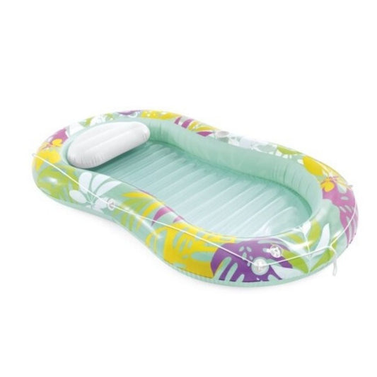 Intex Tropical Oasis Lounger featuring a vibrant tropical print, a contoured ergonomic design, and a built-in pillow for "manual" head and neck support.
