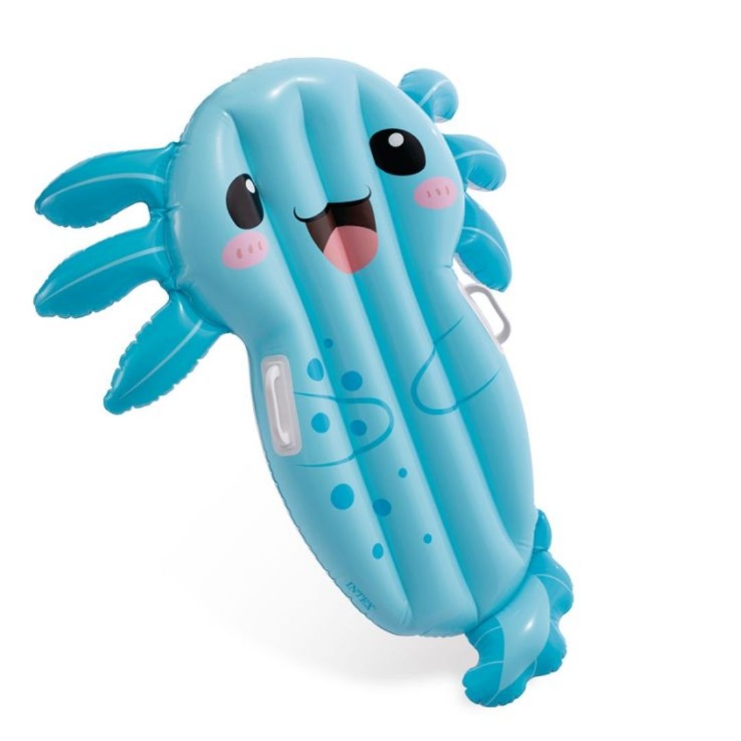Adorable pink Intex Axolotl inflatable pool float featuring 3D gills, a friendly face, and a stable circular tube design for kids.
