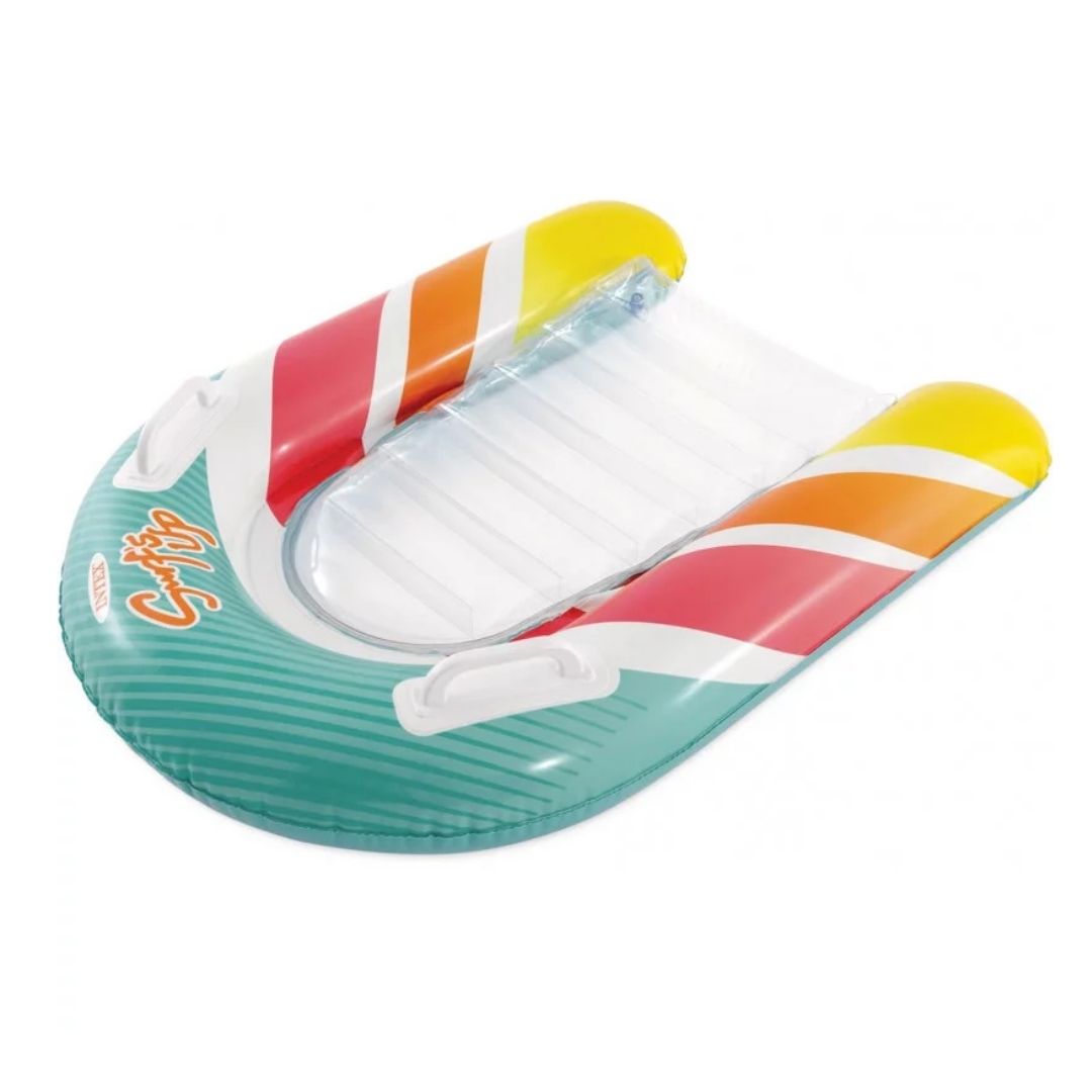 Intex Surf’s Up Rider inflatable boogie board featuring a high-impact surfboard shape, two heavy-duty grab handles, and a vibrant wave-themed design.