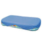 A durable dark blue Intex rectangular pool cover fitted over a family-sized inflatable pool, featuring secure rope ties and drainage holes to prevent water accumulation.