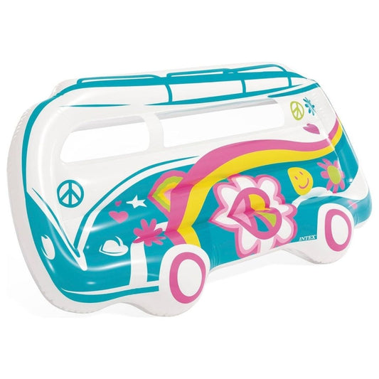 Intex Groovy Van inflatable pool float featuring a retro 1960s-style camper van design with vibrant multi-color flower patterns and a spacious lounging surface.