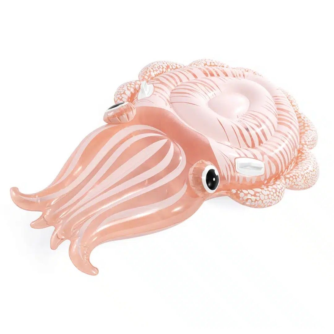 Intex Cuttlefish inflatable pool float featuring a realistic cephalopod design with 3D tentacles, large eyes, and a stable wide-body lounging surface.