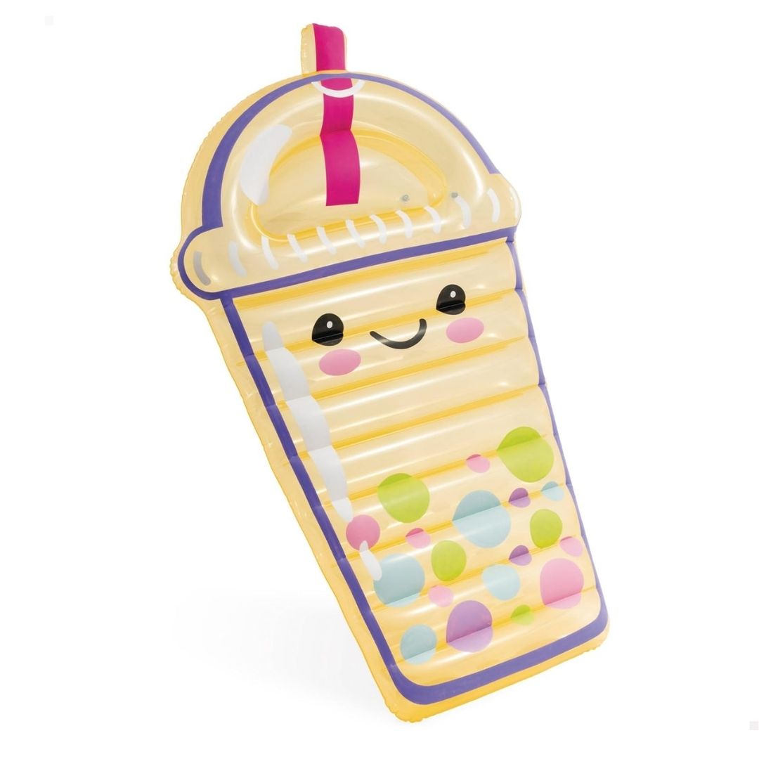 Intex Boba Buddy inflatable pool float shaped like a giant bubble tea cup with a colorful straw, smiling face, and floating boba pearls.