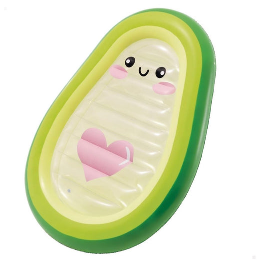 Intex Avocado Buddy inflatable pool float featuring a realistic green avocado design with a friendly smiling face and a large central pit.