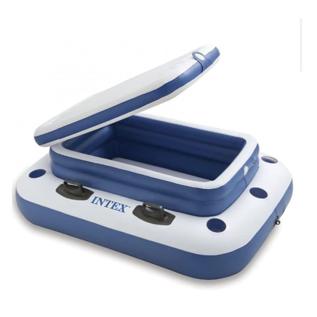 Intex Mega Chill II floating cooler featuring a central ice chest compartment with a lid, multiple cup holders, and heavy-duty handles for use in pools or lakes.
