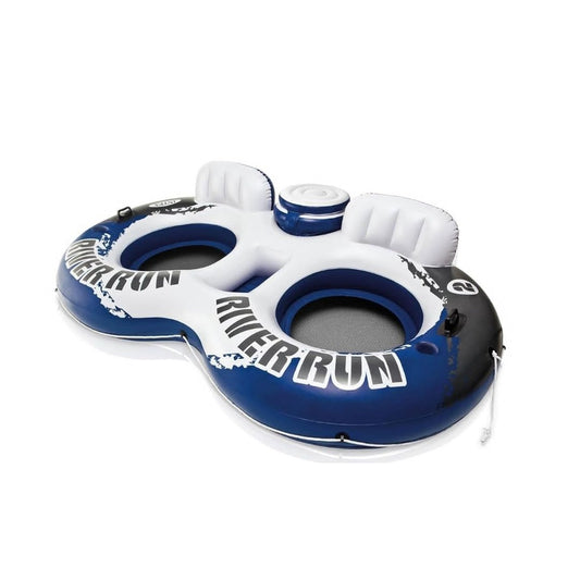 Intex River Run II inflatable two-person water lounge featuring connected seats, a central ice chest with a lid, dual backrests, and heavy-duty grab handles.
