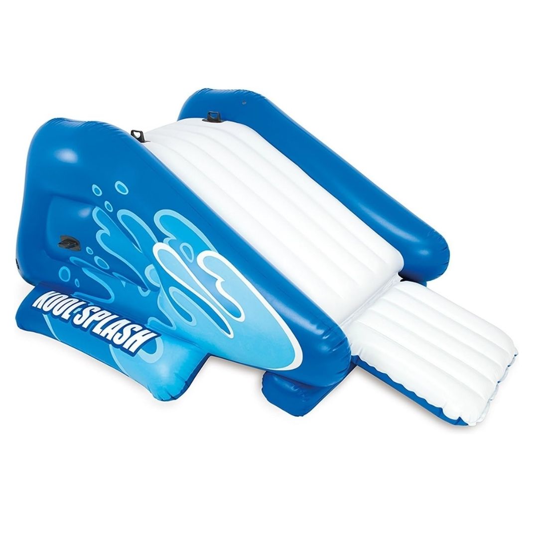 Intex Kool Splash inflatable water slide featuring a high-impact blue and white design, multiple heavy-duty climbing handles, and a built-in sprayer for a smooth "manual" sliding experience.