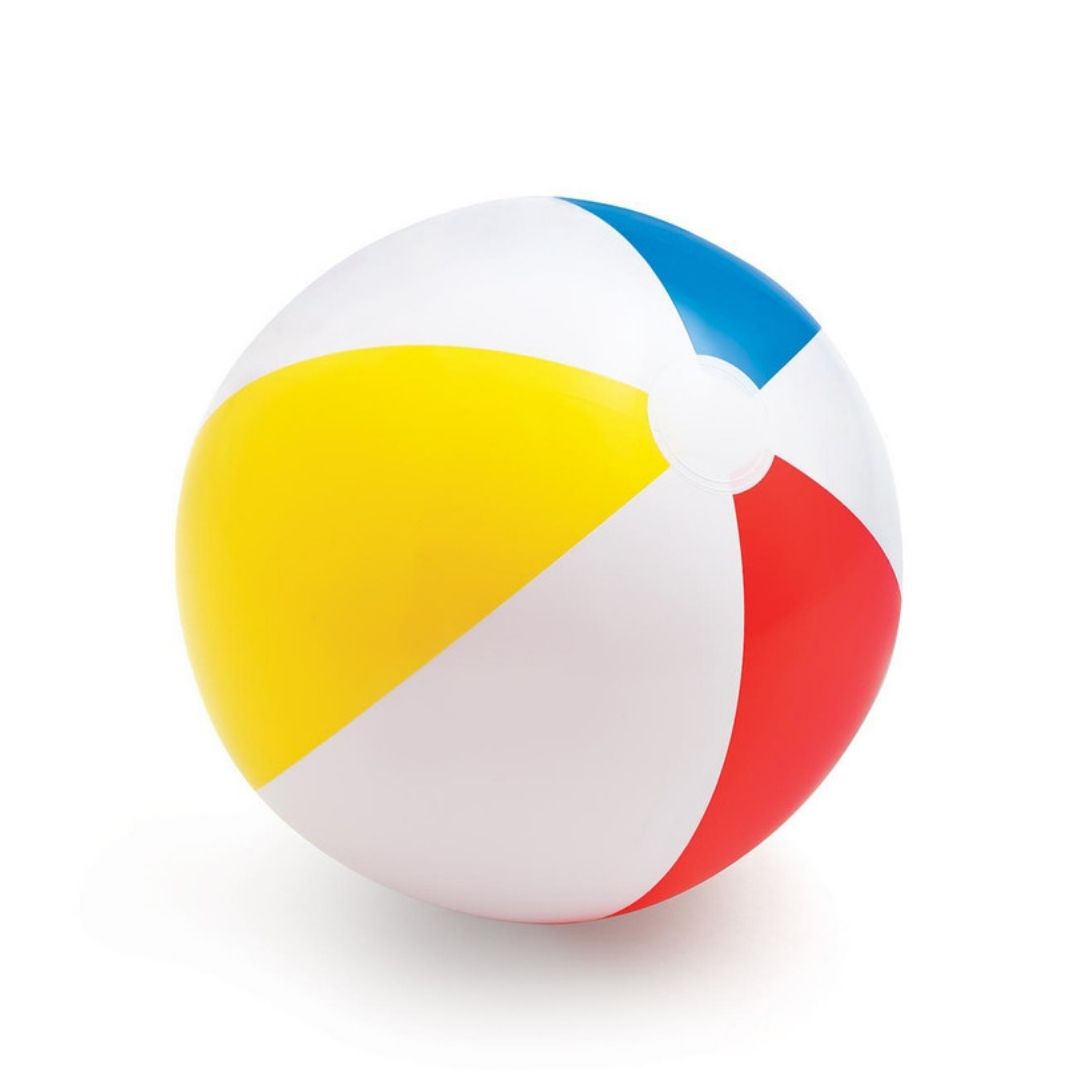 Intex Glossy Panel Ball featuring a classic six-panel design with vibrant primary colors and a smooth, high-gloss finish for beach and pool play.