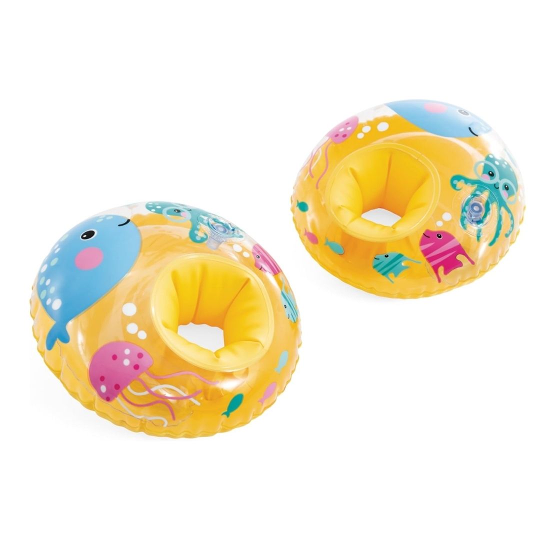 Intex Little Sea Pals inflatable arm rings featuring a dual-chamber safety design and vibrant marine life illustrations for children's swim assistance.