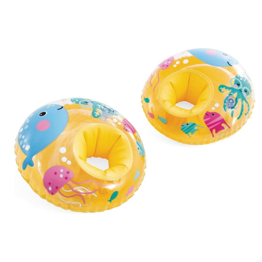 Intex Little Sea Pals inflatable arm rings featuring a dual-chamber safety design and vibrant marine life illustrations for children's swim assistance.