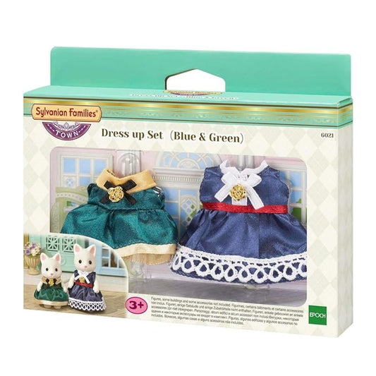 Vibrant multicolor Sylvanian Families Dress Up Set featuring a detailed navy blue dress with gold accents, a light blue floral dress, and a matching pearl-style necklace and handbag.