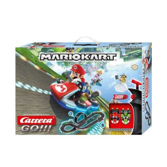 Carrera GO!!! Mario Kart 8 slot car racing set featuring Mario and Luigi in their Mach 8 karts on a 4.9-meter track with a loop-the-loop and high-speed curves.