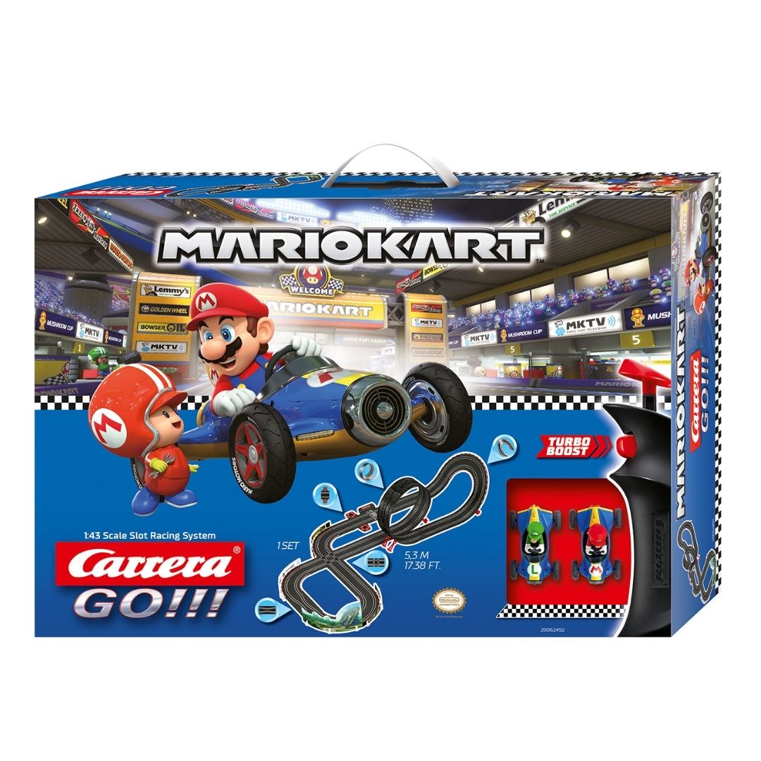 Carrera GO!!! Mario Kart Mach 8 slot car racing set featuring Mario and Luigi in 1:43 scale karts on a 5.3-meter track with a loop-the-loop, fly-over, and high-speed curves.