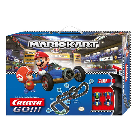 Carrera GO!!! Mario Kart Mach 8 slot car racing set featuring Mario and Luigi in 1:43 scale karts on a 5.3-meter track with a loop-the-loop, fly-over, and high-speed curves.