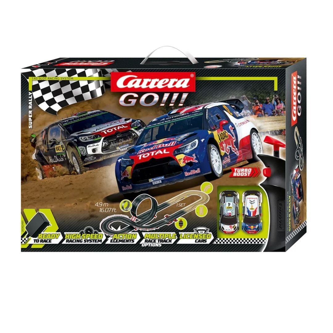 Carrera GO Super Rally 4.9 meter 1:43 scale analog slot car racing track set with two Citroën DS3 WRC rally cars for kids