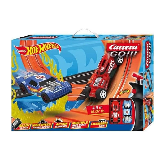 Official Hot Wheels licensed Carrera GO!!! slot car set featuring two 1:43 scale Hot Wheels cars on a 4.9-meter track with an orange loop-the-loop, fly-over, and Turbo Boost controllers.