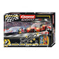 Carrera GO!!! DTM High Speed Showdown slot car set featuring two 1:43 scale DTM touring cars on an 8.9-meter track with double loops, steep curves, and a lap counter.