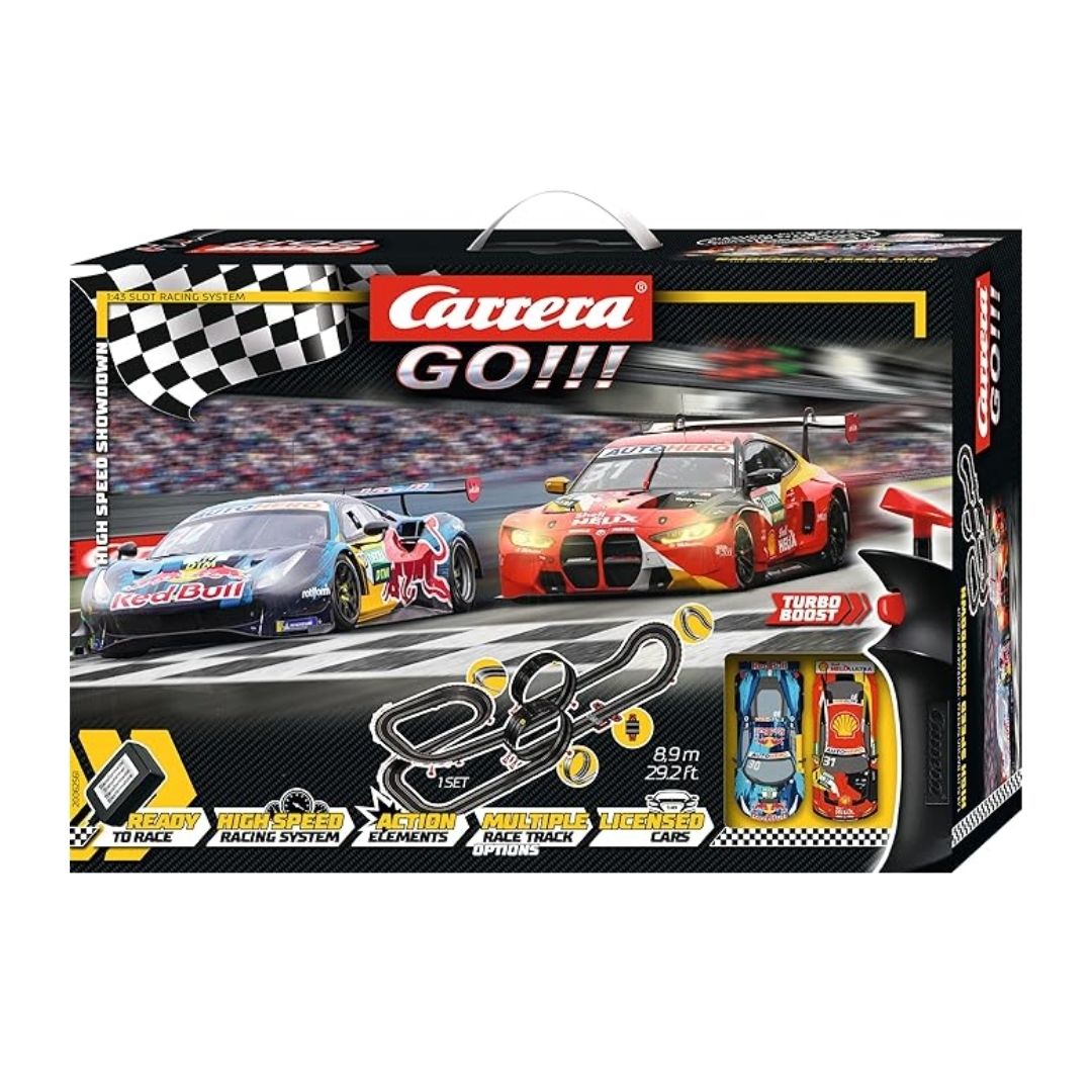 Carrera GO!!! DTM High Speed Showdown slot car set featuring two 1:43 scale DTM touring cars on an 8.9-meter track with double loops, steep curves, and a lap counter.