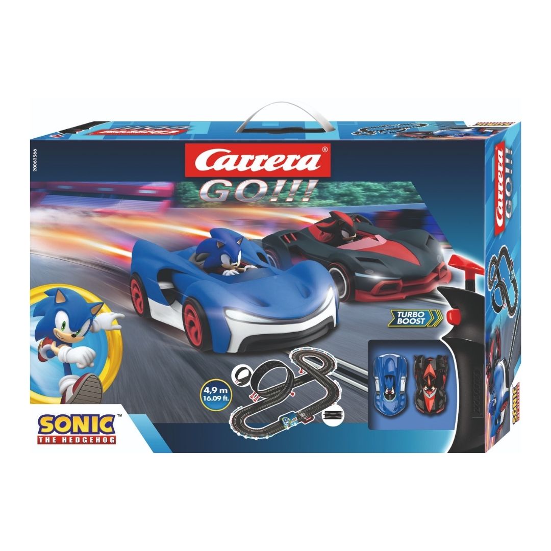 Carrera GO!!! Sonic the Hedgehog slot car set featuring Sonic and Shadow in 1:43 scale racing cars on a 4.9-meter track with a loop-the-loop and high-speed straights.