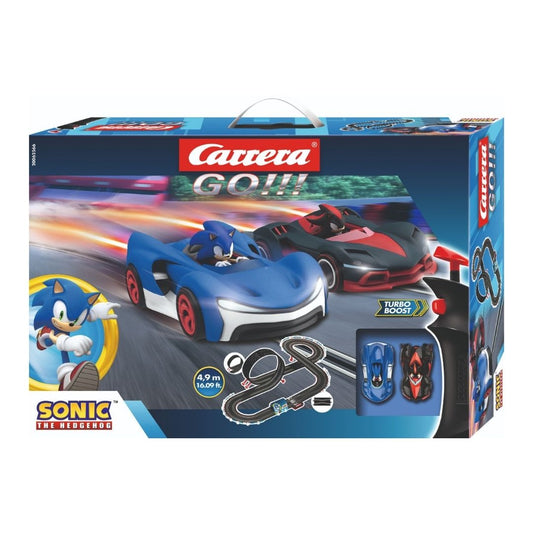 Carrera GO!!! Sonic the Hedgehog slot car set featuring Sonic and Shadow in 1:43 scale racing cars on a 4.9-meter track with a loop-the-loop and high-speed straights.