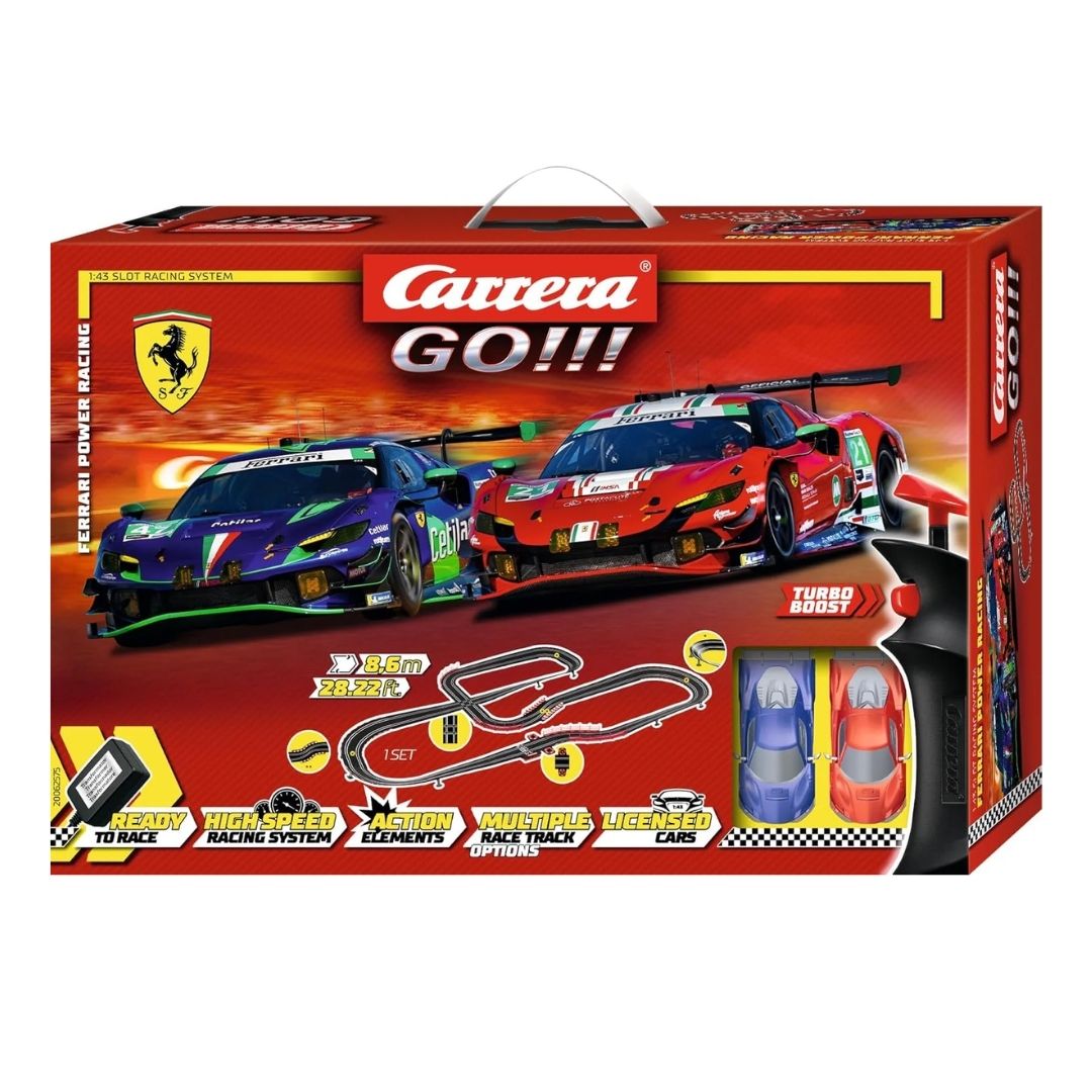 Carrera GO!!! Ferrari Power Racing slot car set featuring two 1:43 scale Ferrari Formula 1 racing cars on a massive 8.6-meter track with double loops and high-speed curves.