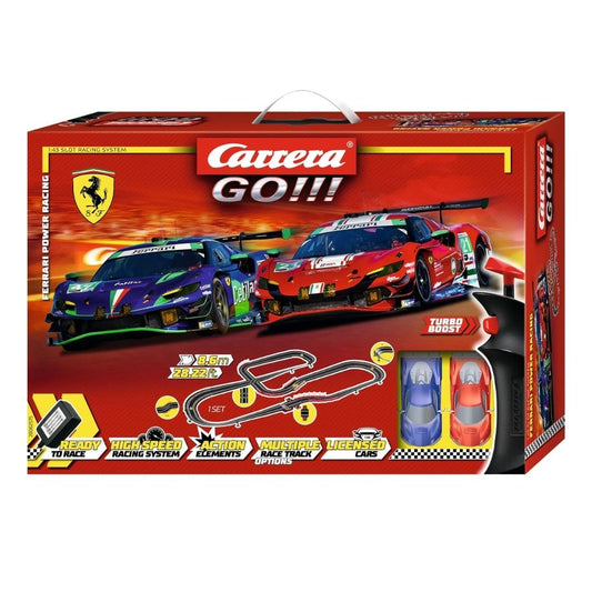 Carrera GO!!! Ferrari Power Racing slot car set featuring two 1:43 scale Ferrari Formula 1 racing cars on a massive 8.6-meter track with double loops and high-speed curves.