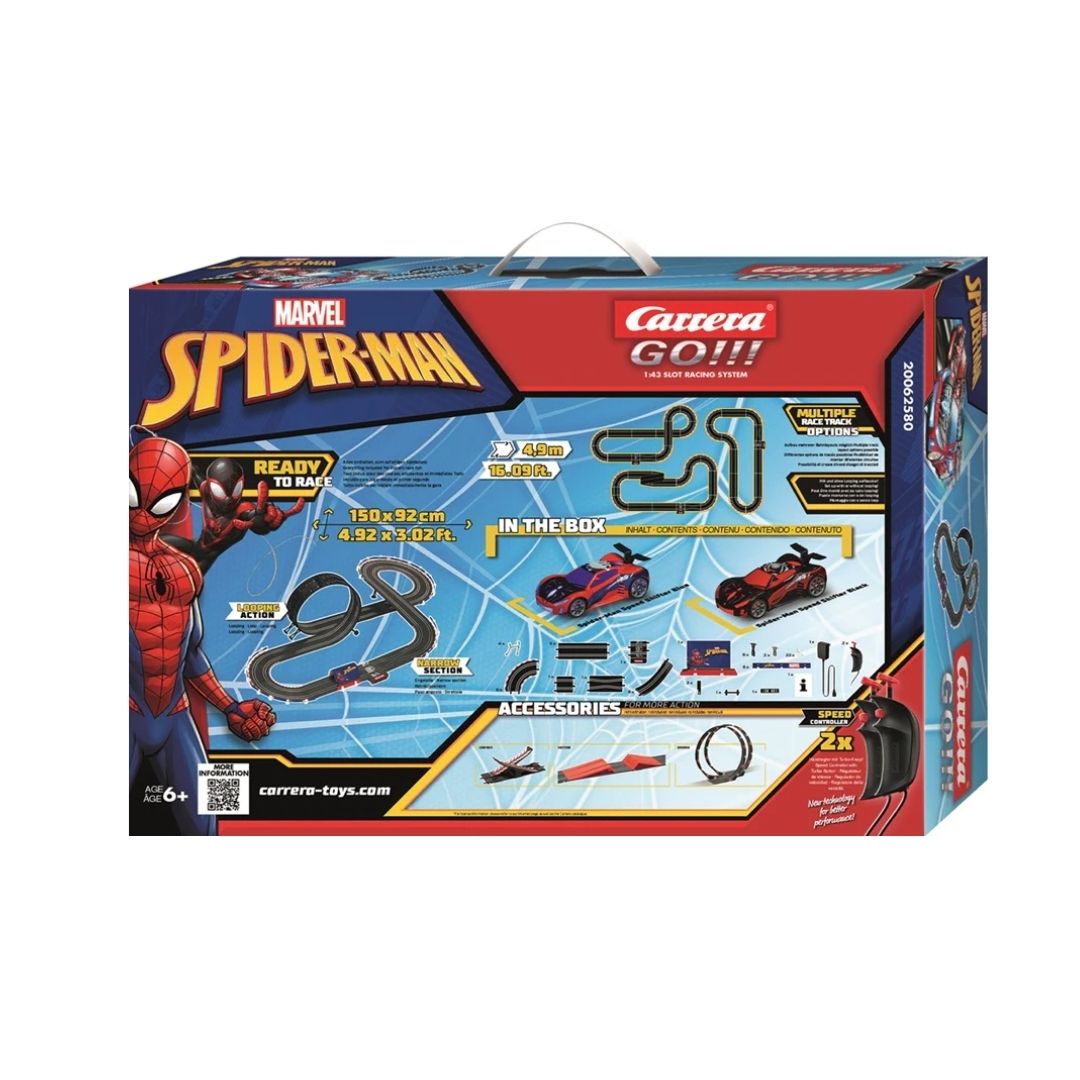 Carrera GO!!! Chase 'N Race slot car set featuring a police interceptor and a yellow sports car on a 5.3-meter track with a loop-the-loop and intersection.