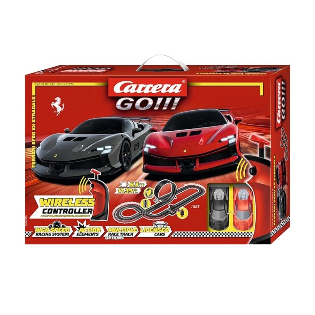 Official Ferrari licensed Carrera GO!!! slot car set featuring two red Ferrari SF90 XX Stradale 1:43 scale cars on a 5.3-meter track with wireless 2.4 GHz controllers and a loop-the-loop.