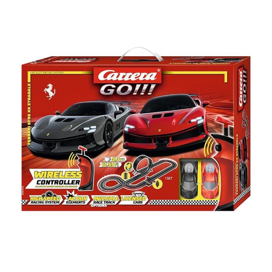 Official Ferrari licensed Carrera GO!!! slot car set featuring two red Ferrari SF90 XX Stradale 1:43 scale cars on a 5.3-meter track with wireless 2.4 GHz controllers and a loop-the-loop.