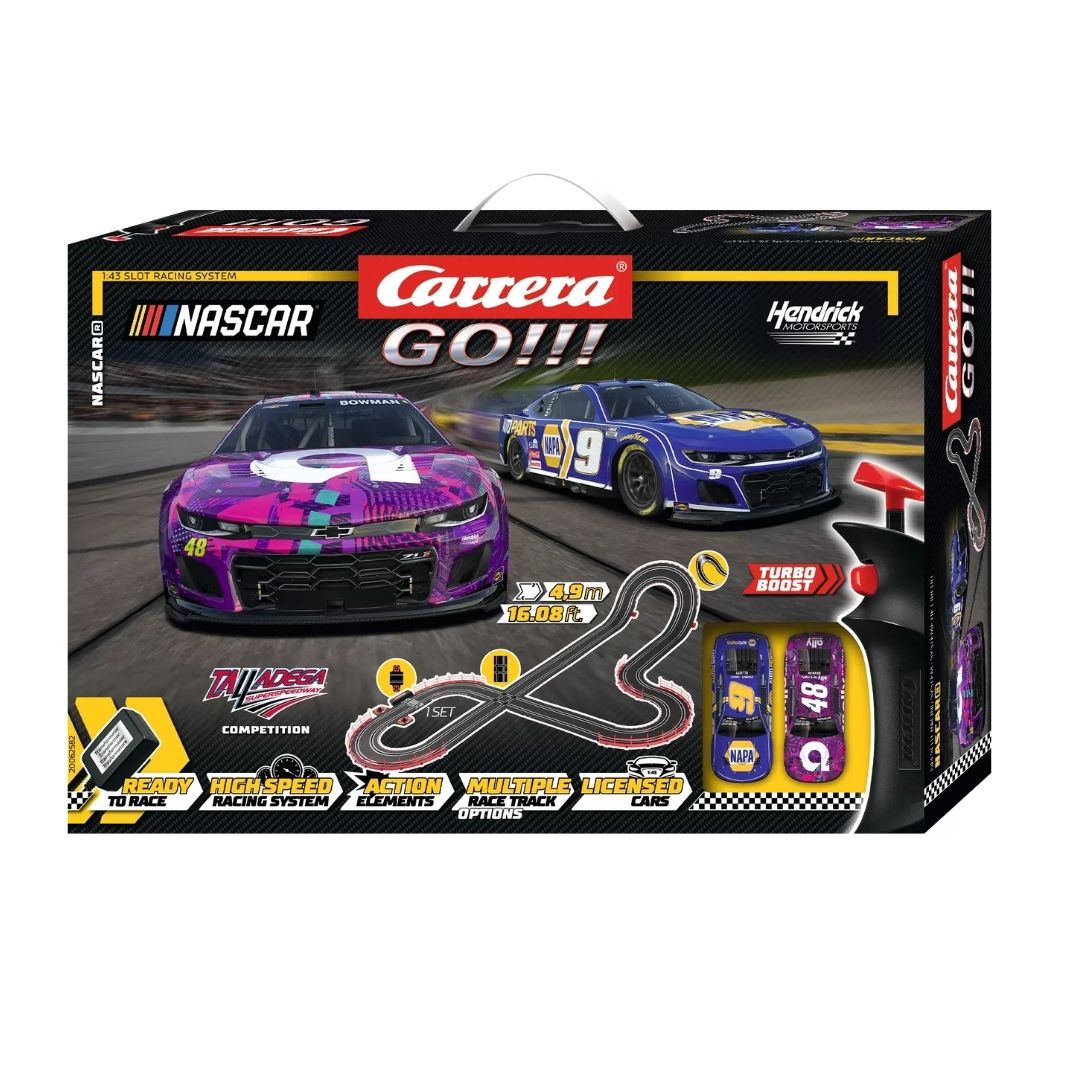 Official NASCAR licensed Carrera GO!!! Talladega Competition slot car set featuring two 1:43 scale stock cars on a 4.9-meter track with a loop-the-loop and steep banked curves.