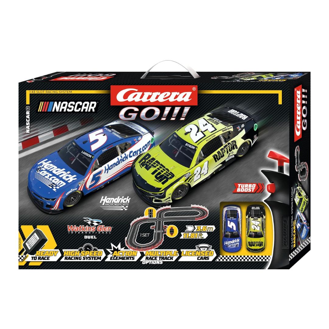 Carrera GO 3.6m NASCAR Watkins Glen Duel slot car racetrack with junction track and 1:43 Camaro ZL1 cars