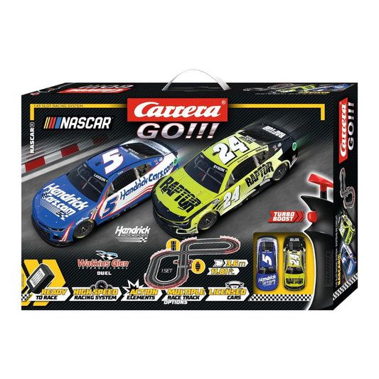 Carrera GO 3.6m NASCAR Watkins Glen Duel slot car racetrack with junction track and 1:43 Camaro ZL1 cars