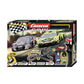 Carrera GO!!! DTM Supercars slot car set featuring two 1:43 scale DTM touring cars on a 6.3-meter track with a loop-the-loop, fly-over, and high-speed banked curves.