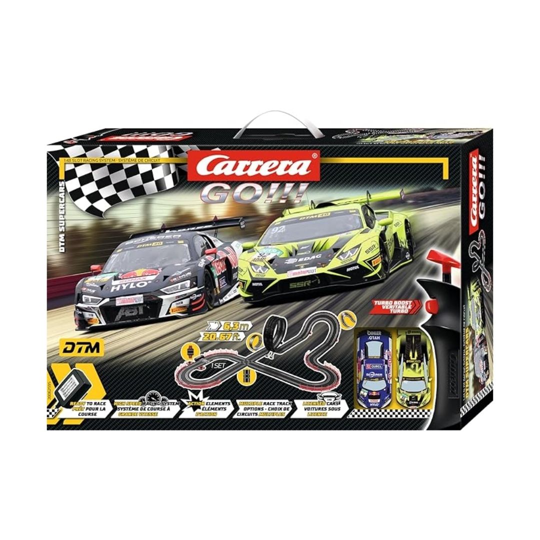 Carrera GO!!! DTM Supercars slot car set featuring two 1:43 scale DTM touring cars on a 6.3-meter track with a loop-the-loop, fly-over, and high-speed banked curves.