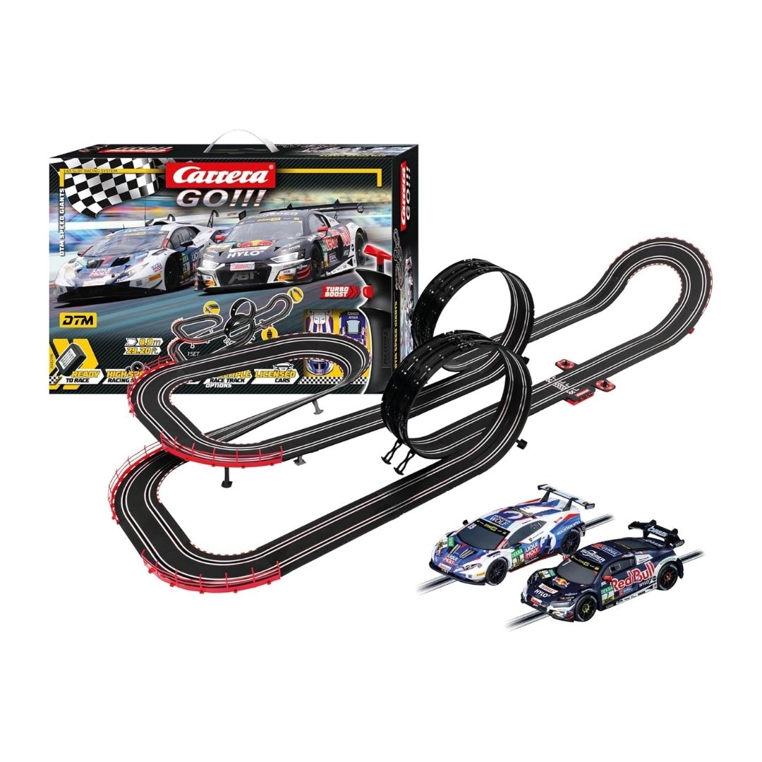 Carrera GO!!! DTM Supercars slot car set featuring two 1:43 scale DTM touring cars on a 6.3-meter track with a loop-the-loop, fly-over, and high-speed banked curves.